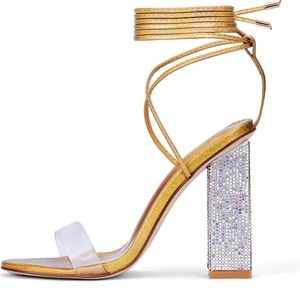 Holographic Rhinestone Ankle Strap Heels